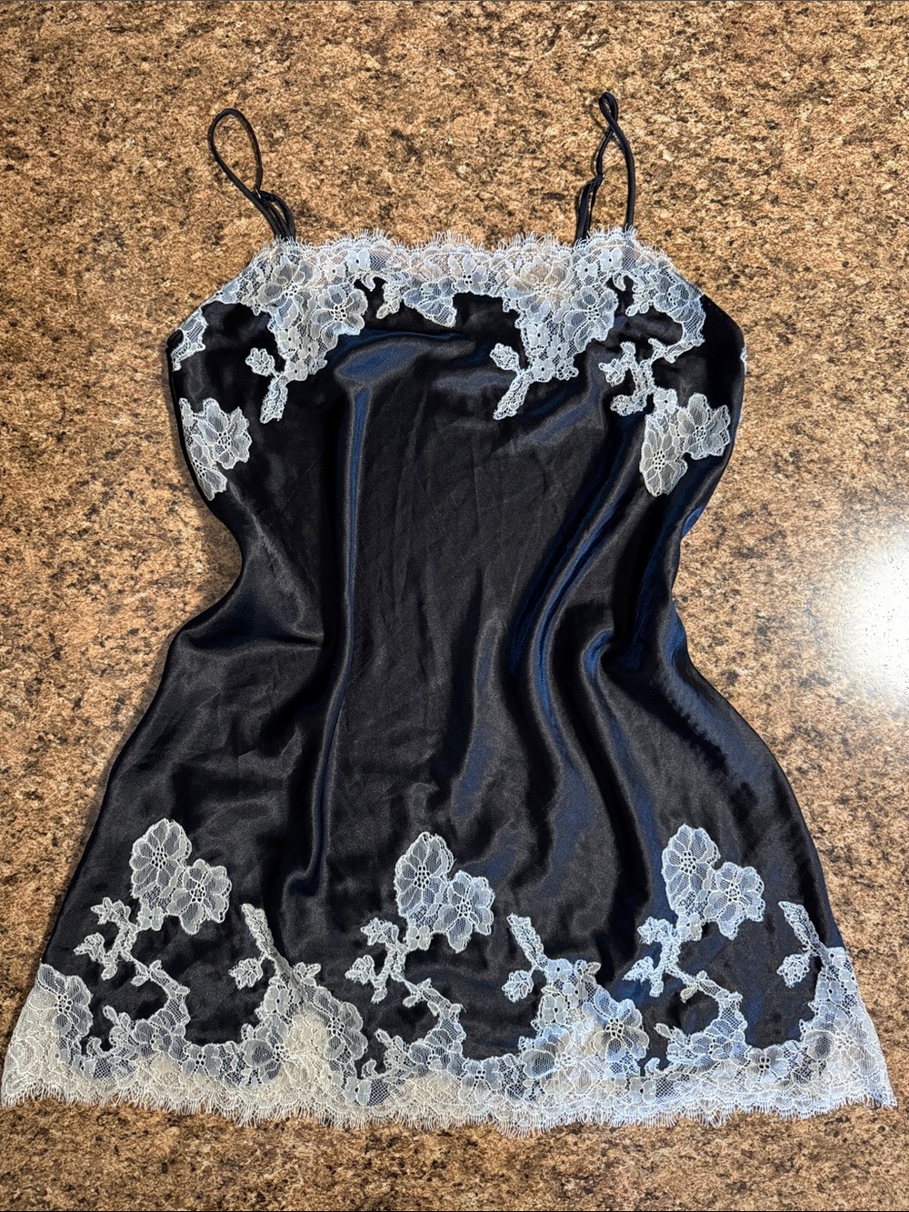 Victoria's Secret Black Satin Chemise with White Lace Trim